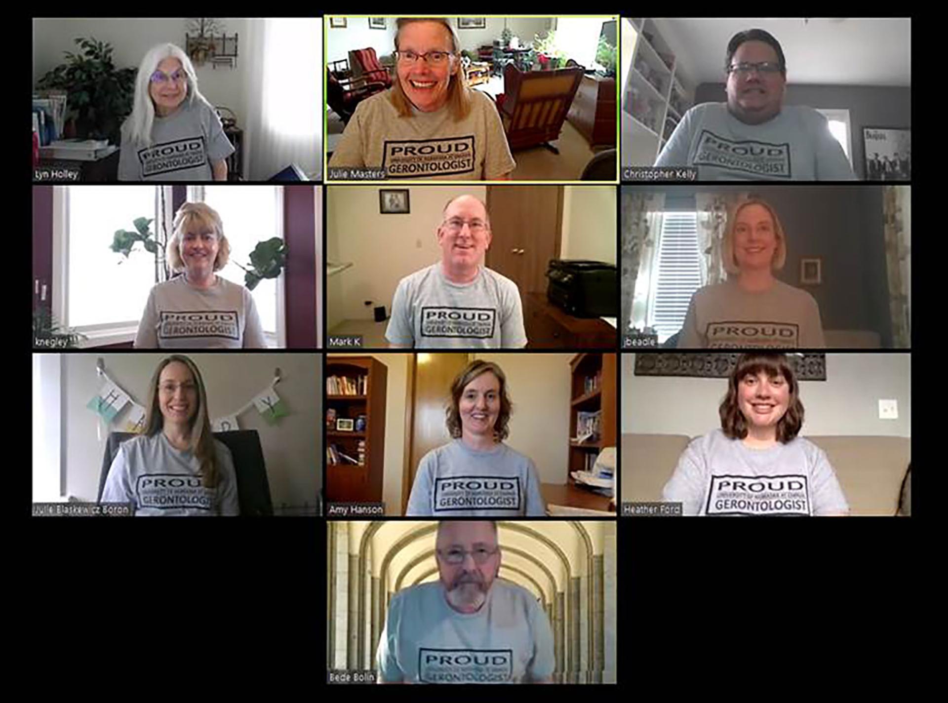 Zoom meeting grid with faculty and staff wearing gerontology tshirts